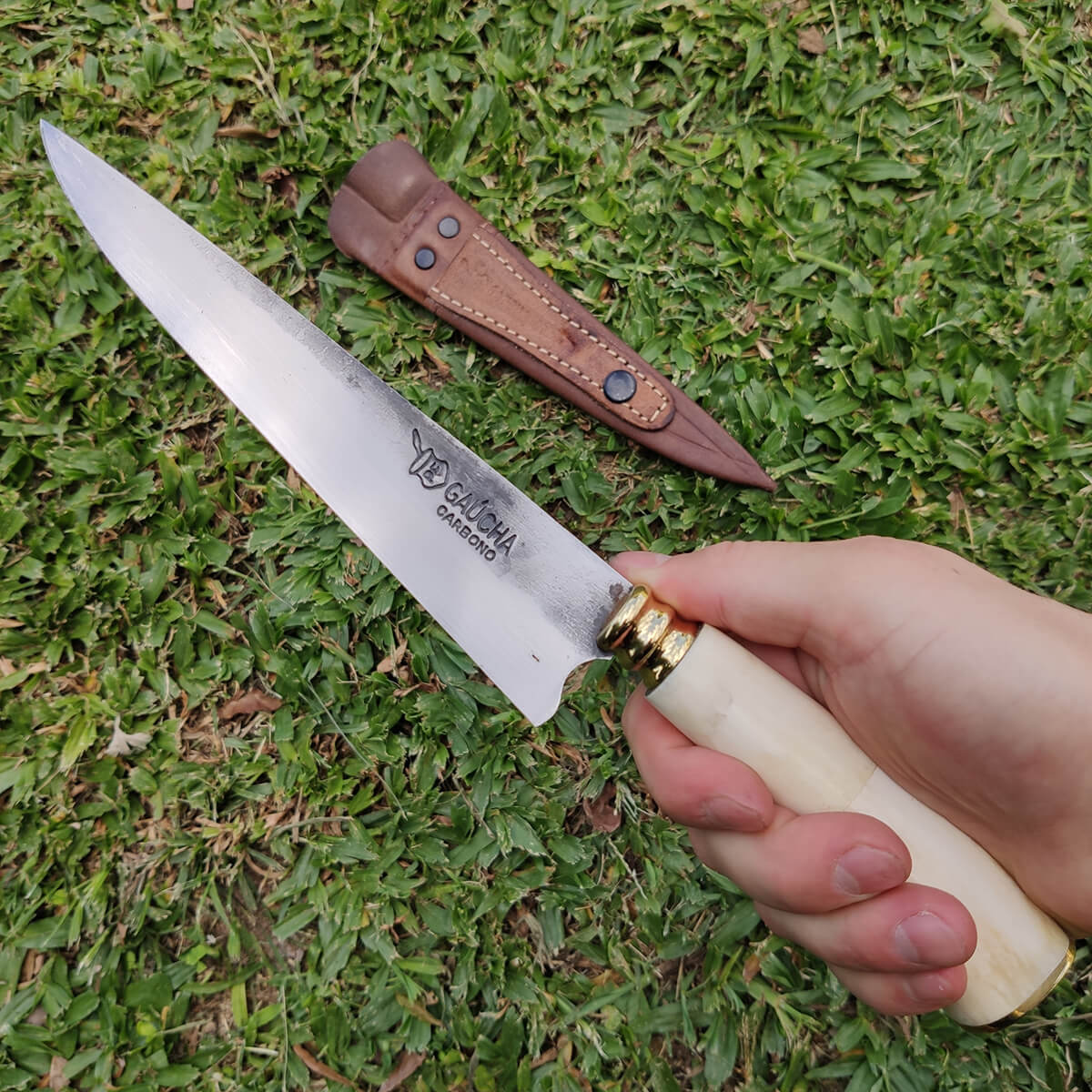 2 Facas Modelo Tesoura de Tosquia Artesanal 7' Gaúcha Churrasco Carbono 1070 Osso