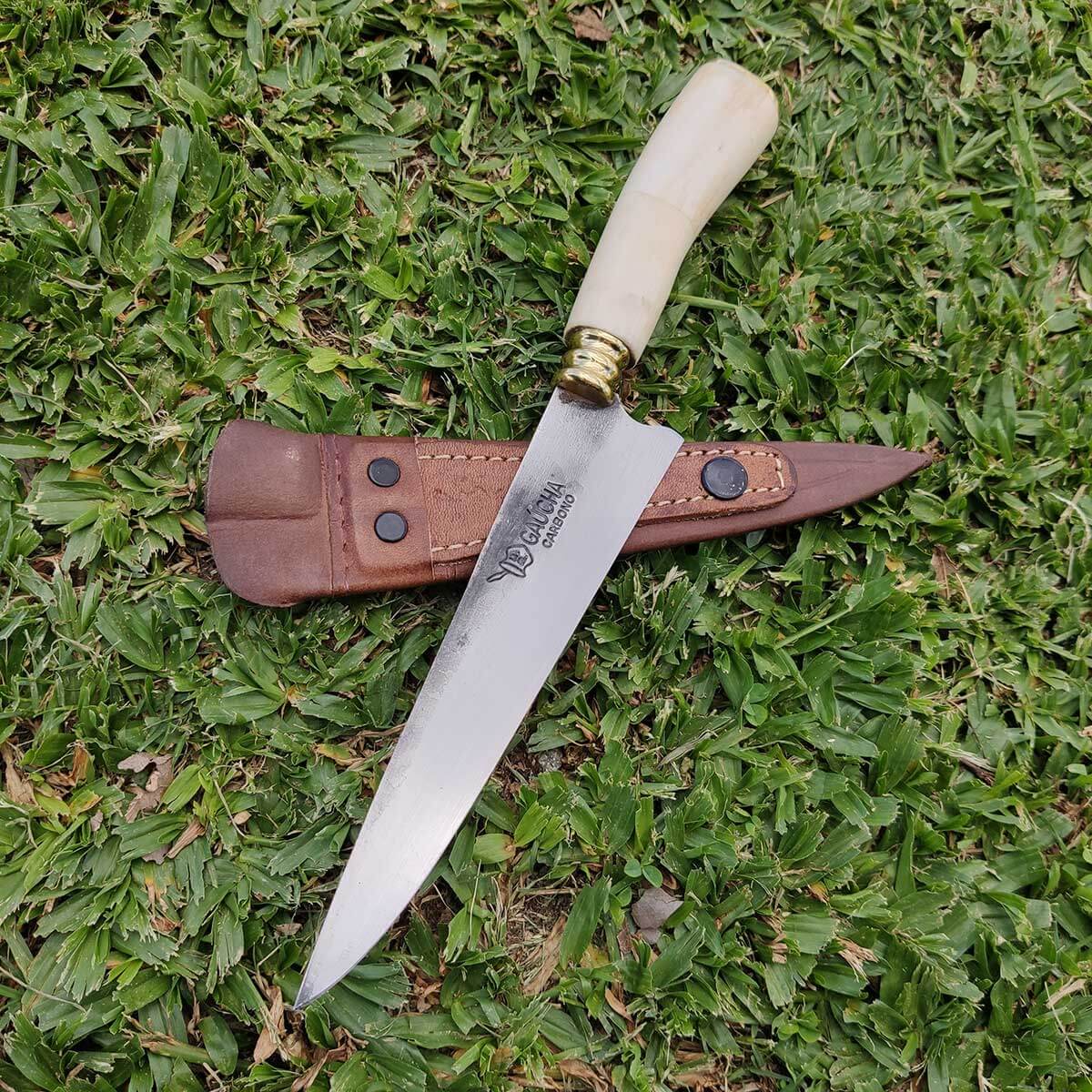 2 Facas Modelo Tesoura de Tosquia Artesanal 7' Gaúcha Churrasco Carbono 1070 Osso