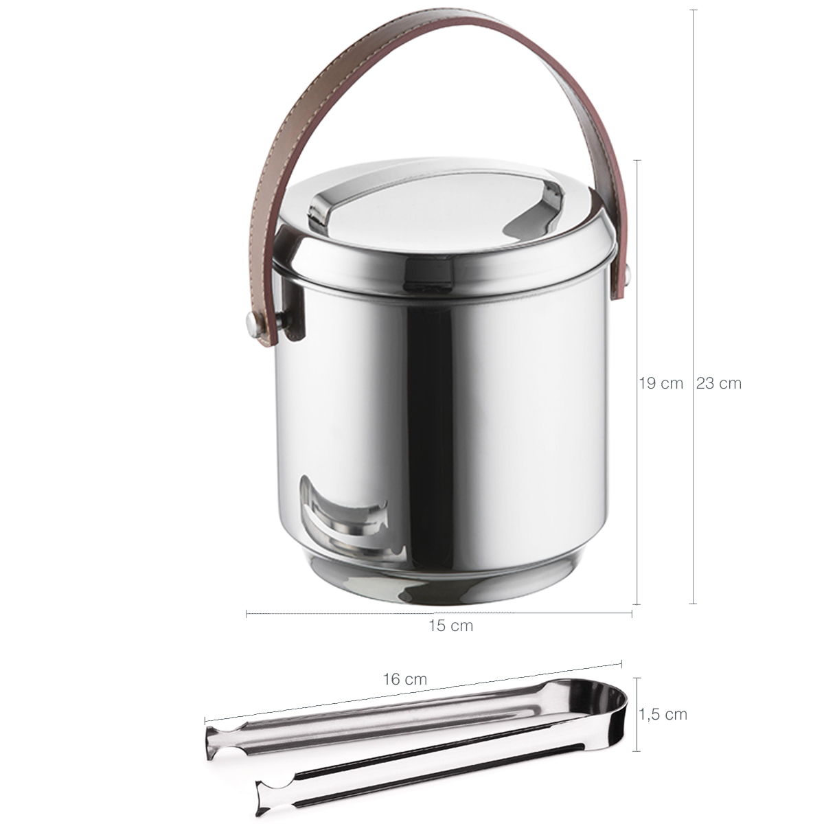 Balde de Gelo Térmico Inox 2,3l Alça em Couro Com Pegador e Container
