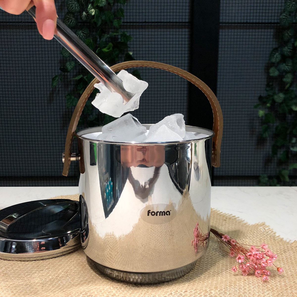 Balde de Gelo Térmico Inox 2,3l Alça em Couro Com Pegador e Container