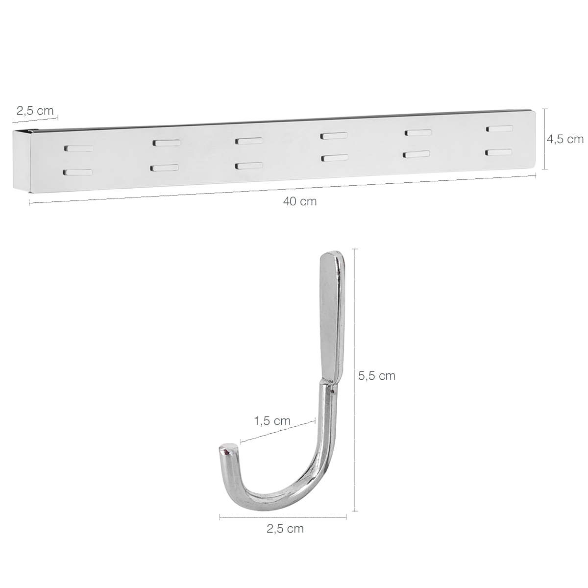 Barra Magnética Imã 40cm Com 6 Ganchos Multiusos Para Facas e Utensílios Aço Inox