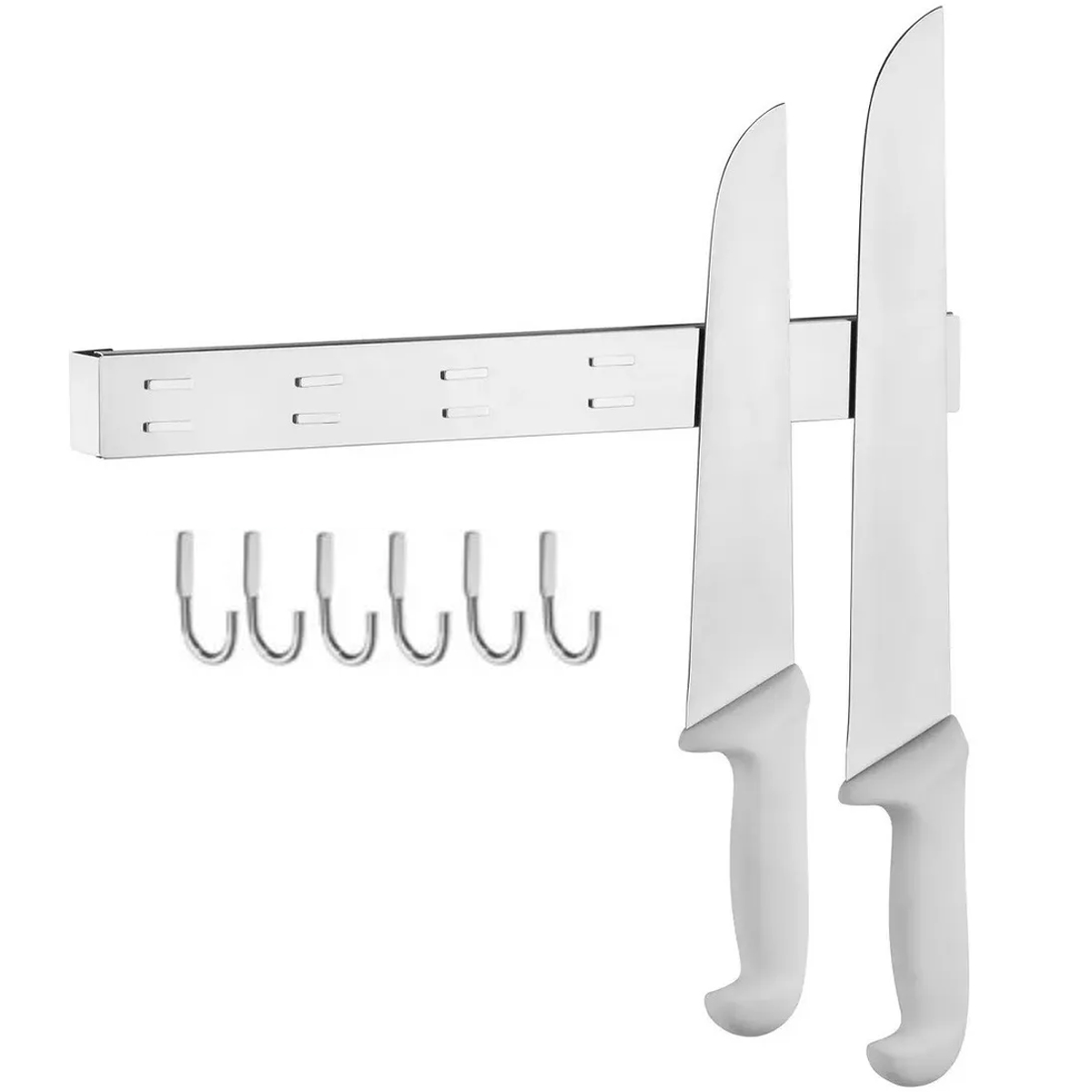 Barra Magnética Imã 40cm Com 6 Ganchos Multiusos Para Facas e Utensílios Aço Inox
