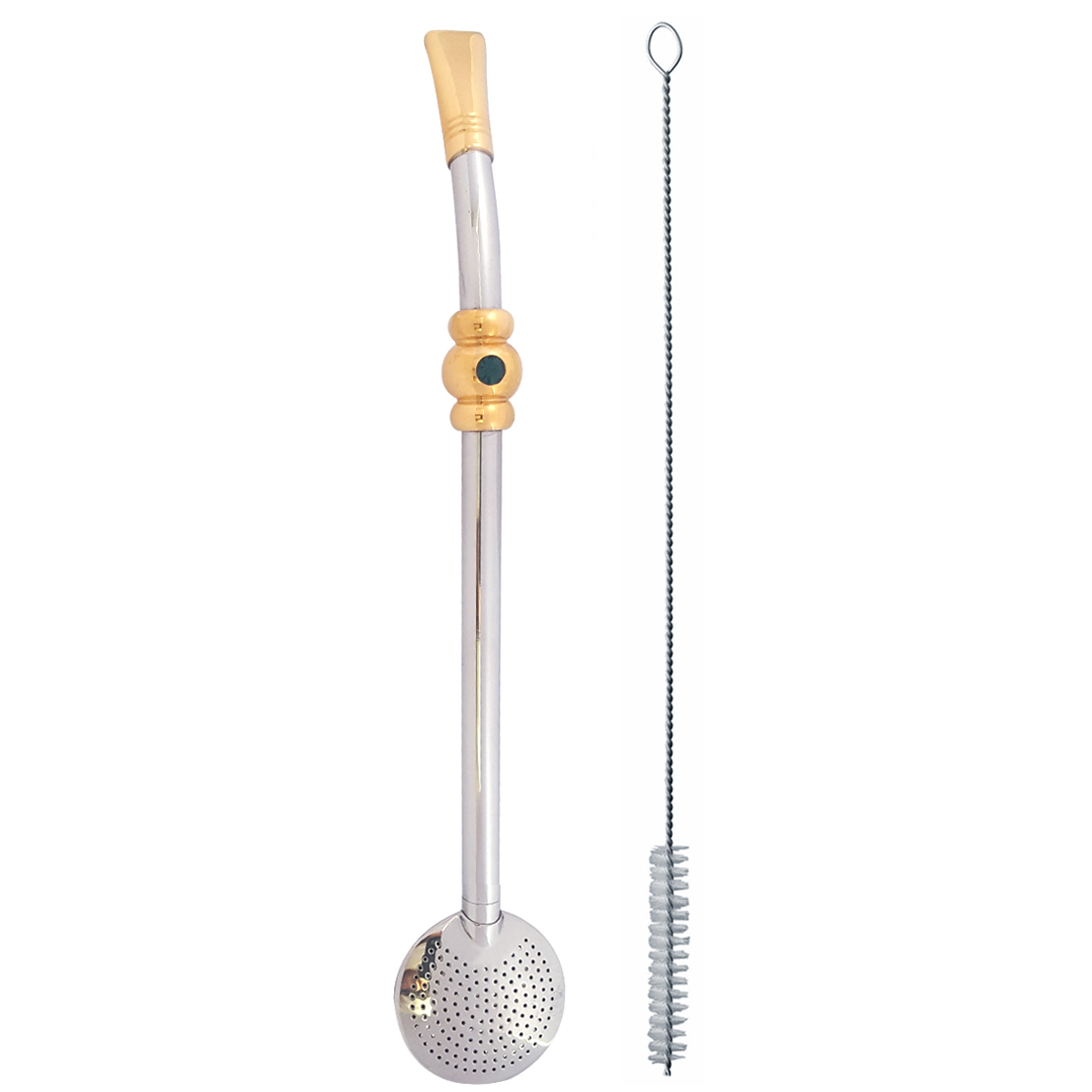 Bomba 25cm Chimarrão Terere Banhada Ouro 18k Com Pedra Verde