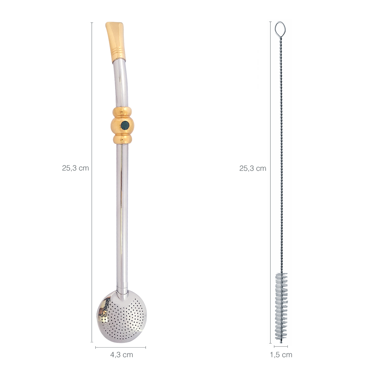 Bomba 25cm Chimarrão Terere Banhada Ouro 18k Com Pedra Verde