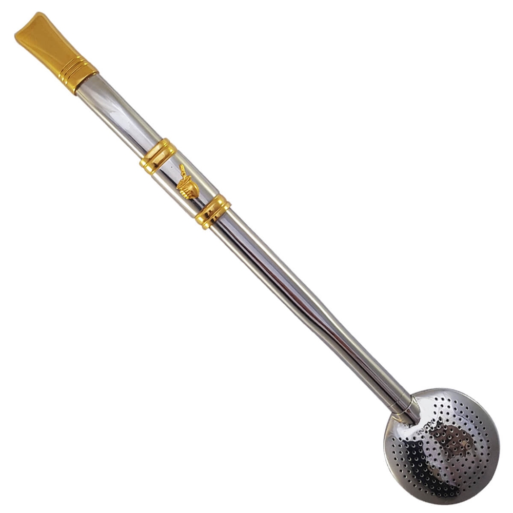 Bomba Chimarrão Rosca Aço Inox 304 Ouro 18k Pingente Desenho Cavalo