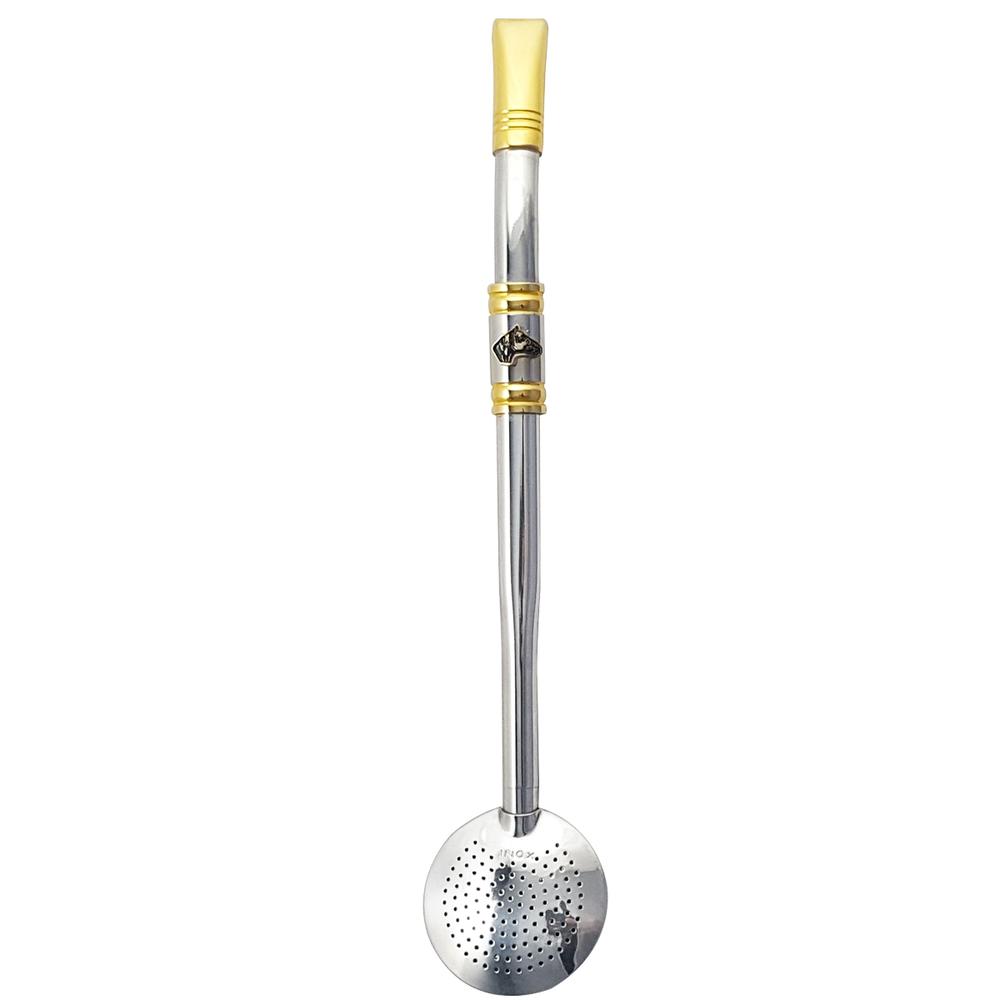 Bomba Chimarrão Rosca Aço Inox 304 Ouro 18k Pingente Desenho Nossa Senhora Aparecida Azul