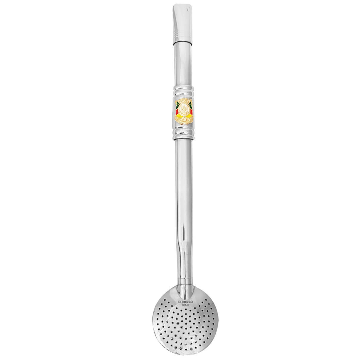 Bomba Chimarrão Tererê Aço Inox 23cm com Rosca e Anel com Pingente de Brasão