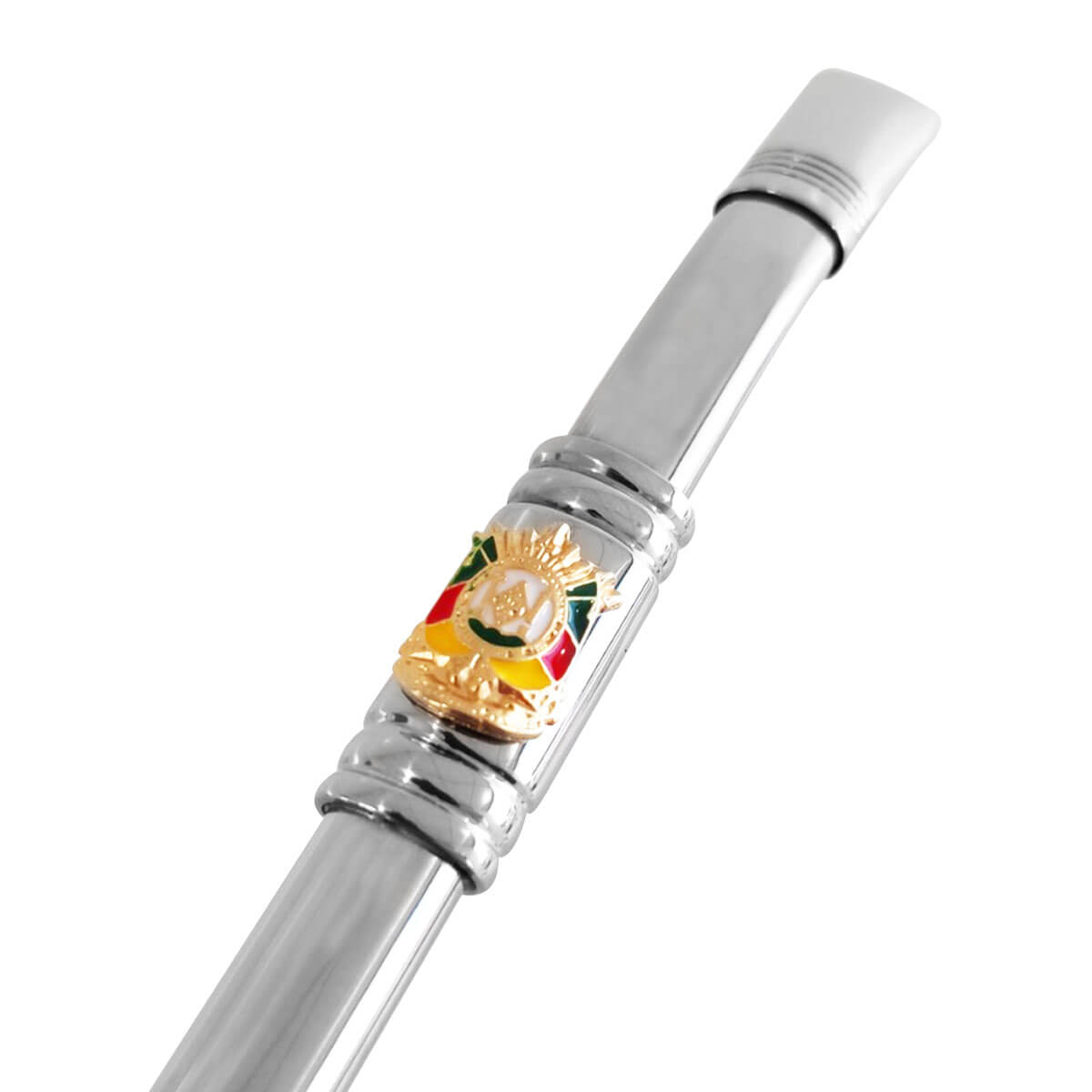 Bomba Chimarrão Tererê Aço Inox 23cm com Rosca e Anel com Pingente de Brasão