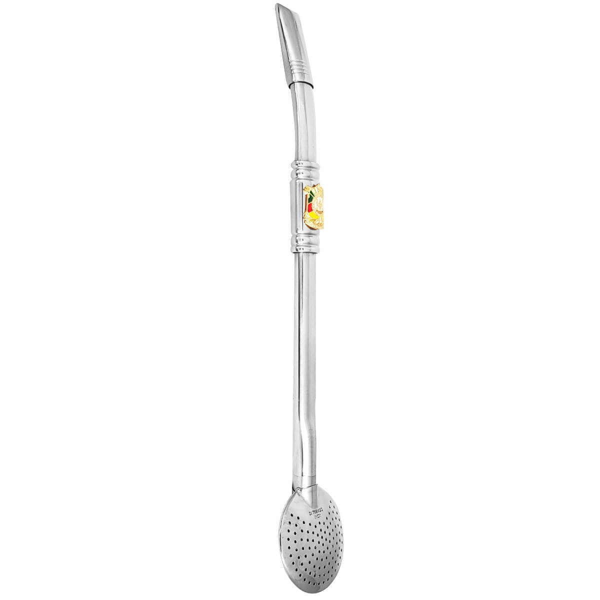 Bomba Chimarrão Tererê Aço Inox 23cm com Rosca e Anel com Pingente de Brasão