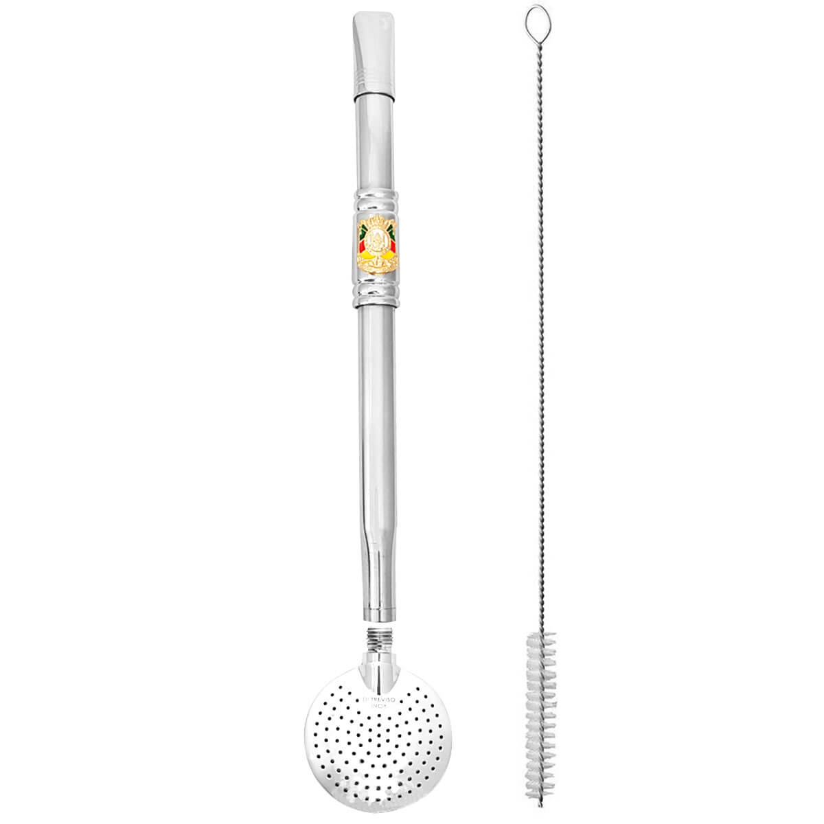 Bomba Chimarrão Tererê Aço Inox 23cm com Rosca e Anel com Pingente de Brasão