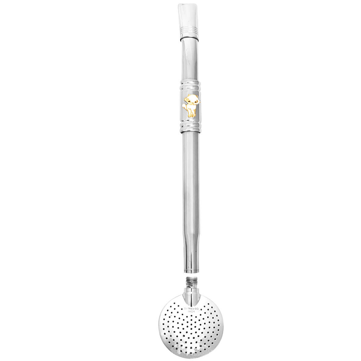 Bomba Chimarrão Tererê Aço Inox 23cm com Rosca e Anel com Pingente de Gato