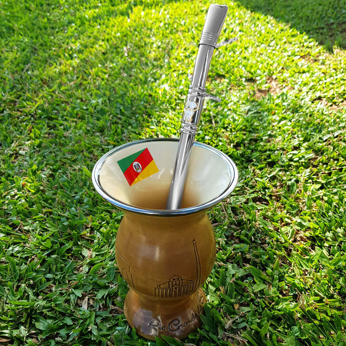 Bomba Chimarrão Tererê Aço Inox 23cm com Rosca e Anel com Pingente de Gato