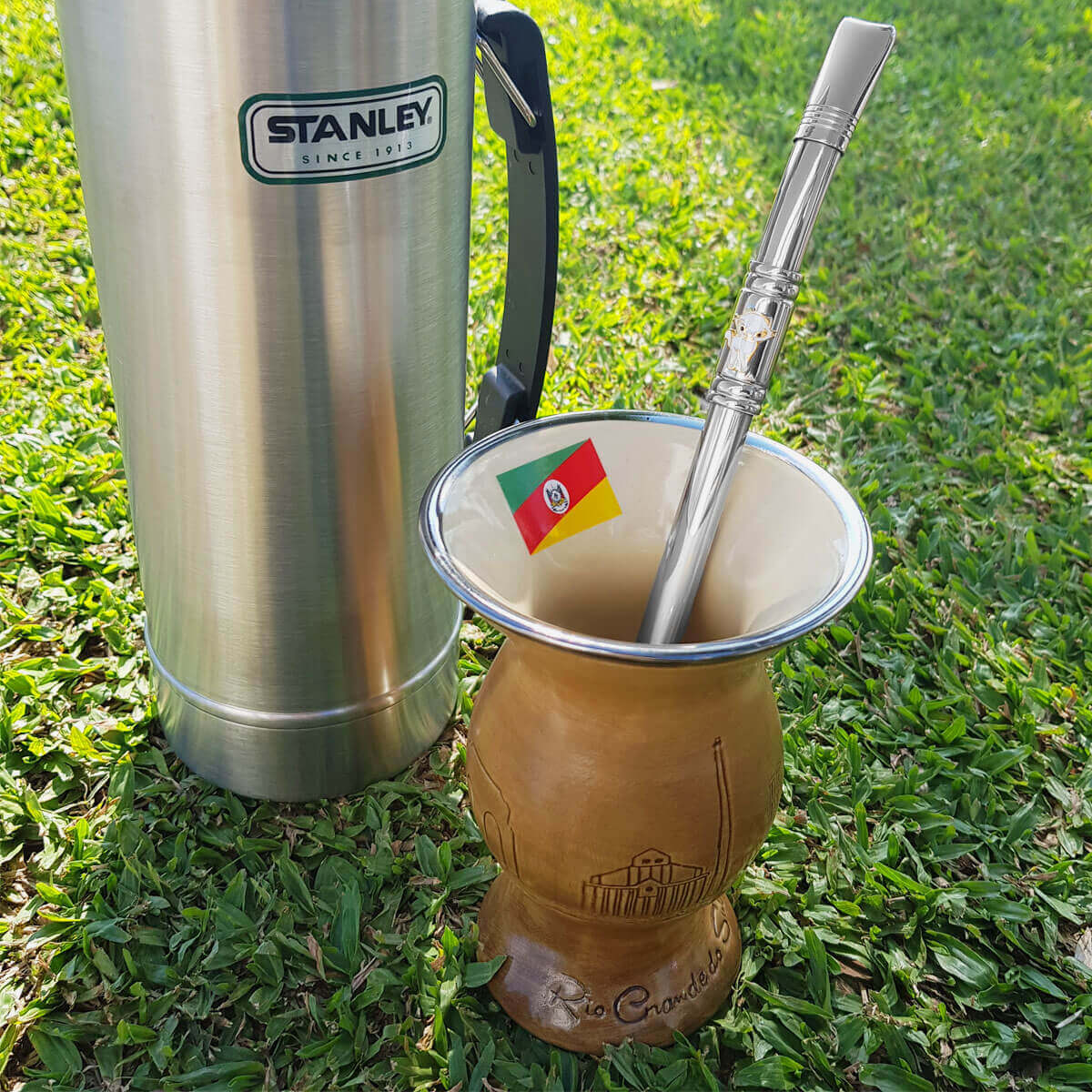 Bomba Chimarrão Tererê Aço Inox 23cm com Rosca e Anel com Pingente de Gato