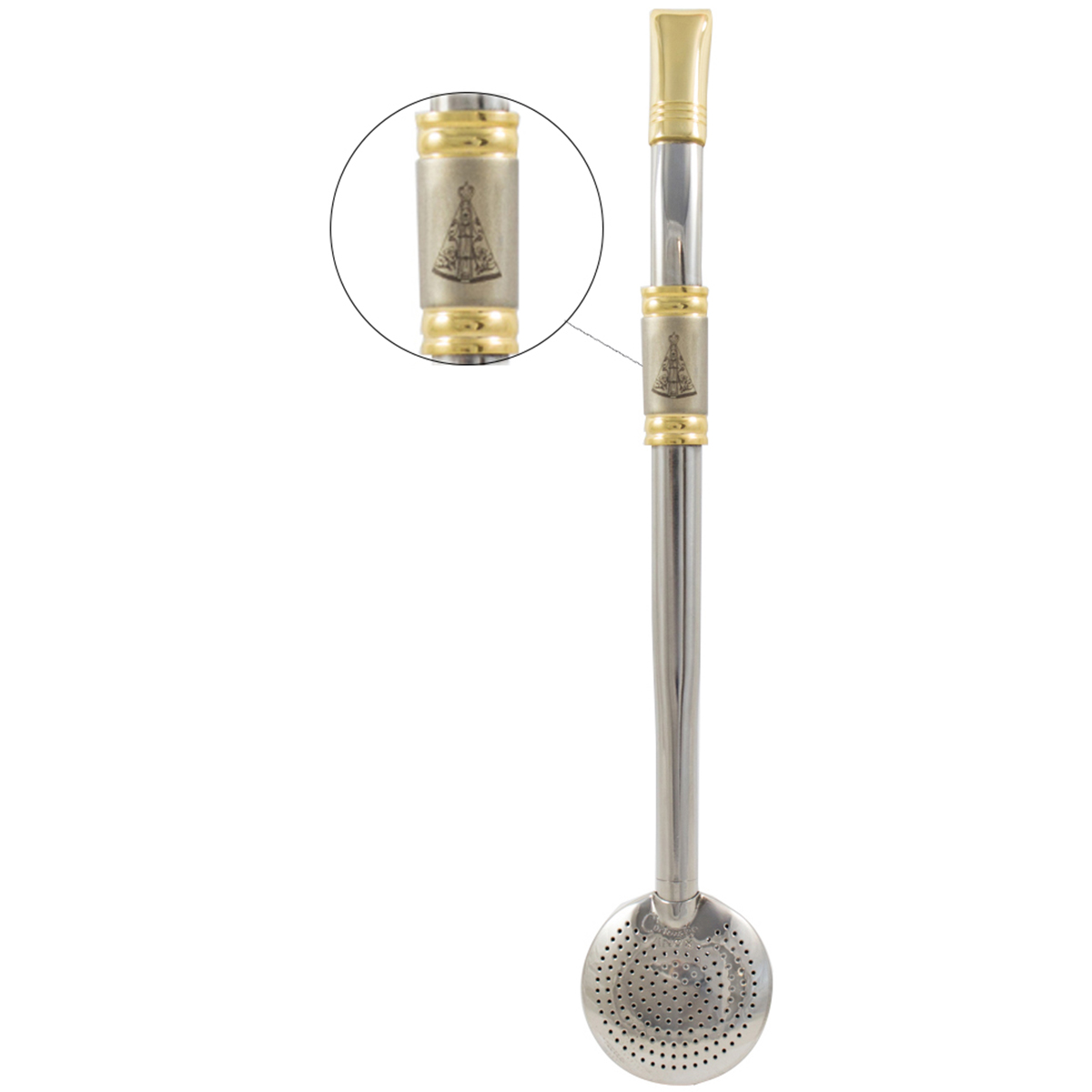 Bomba De Chimarrão Aço Inox Banho Ouro 18k Nossa Senhora Aparecida