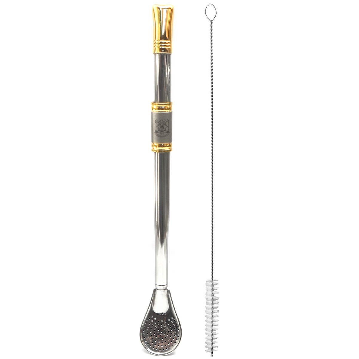 Bomba Para Mate Chimarrão ou Terere 24cm Inox Ouro 18k Pera Brasão