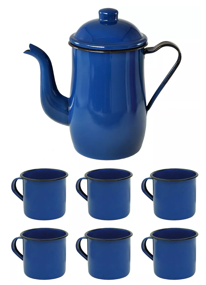 Bule Café Esmaltado 1,25 Litros e 6 Xícaras 70ml Tradicional Azul