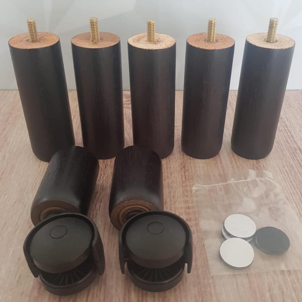 Conjunto 5 Pés de Madeira para Cama Box Casal Fixos 2 Rodízios 12cm Tabaco Modelo Copo Pretos