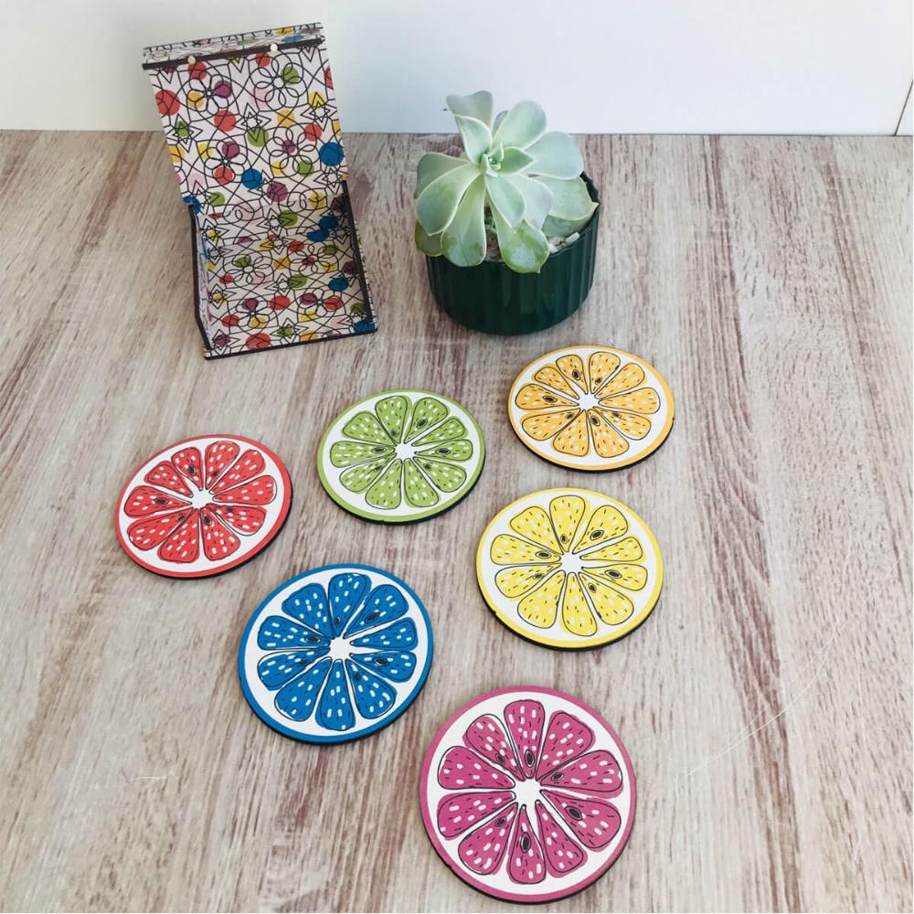 Conjunto 6 Porta Copos Com Caixa MDF Descanso Para Copos de Mesa Cítrico