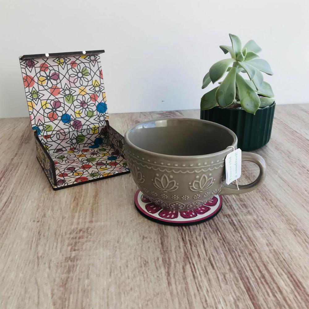 Conjunto 6 Porta Copos Com Caixa MDF Descanso Para Copos de Mesa Cítrico