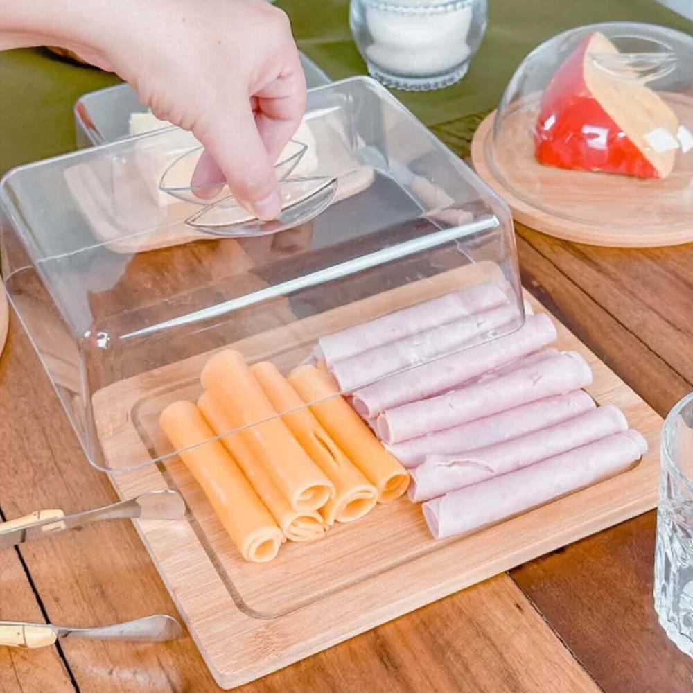 Conjunto Tábua de Pão Migalheira e Queijeira com Tampa Retangulares Madeira Eucalipto Bambu