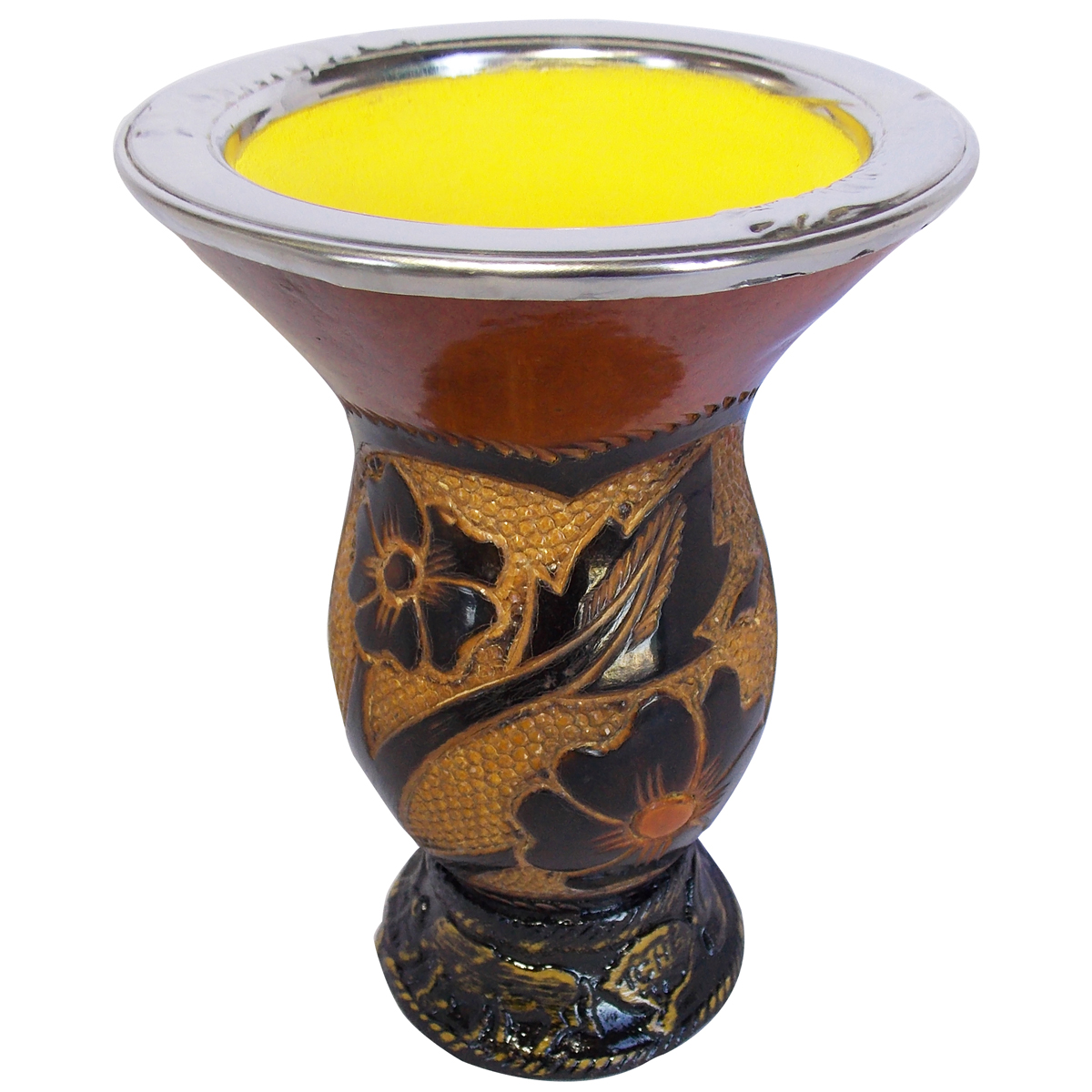 Cuia Tradicional Gaúcha Porongo Bocal De Aço Inox Flores