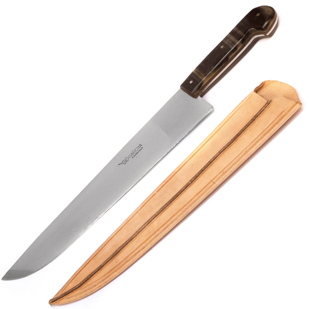 Facão Faca 12'' Aço Carbono Cabo Chifre Bainha Couro Lavoura