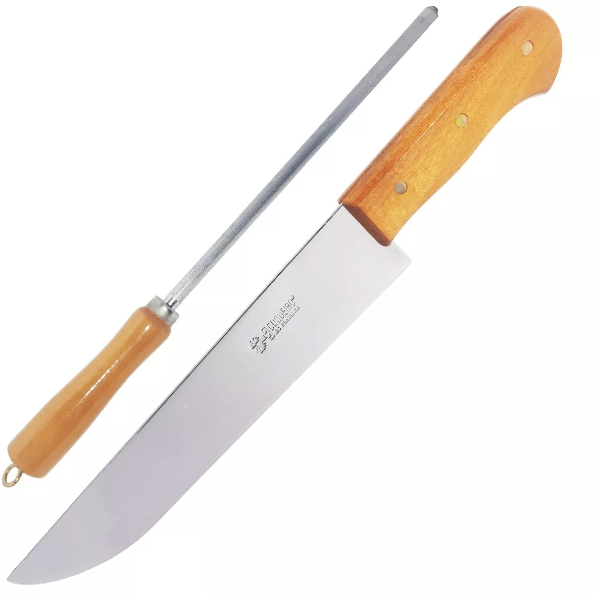 Faca Carneadeira Aço Carbono 10'' Com Chaira Bainha Couro