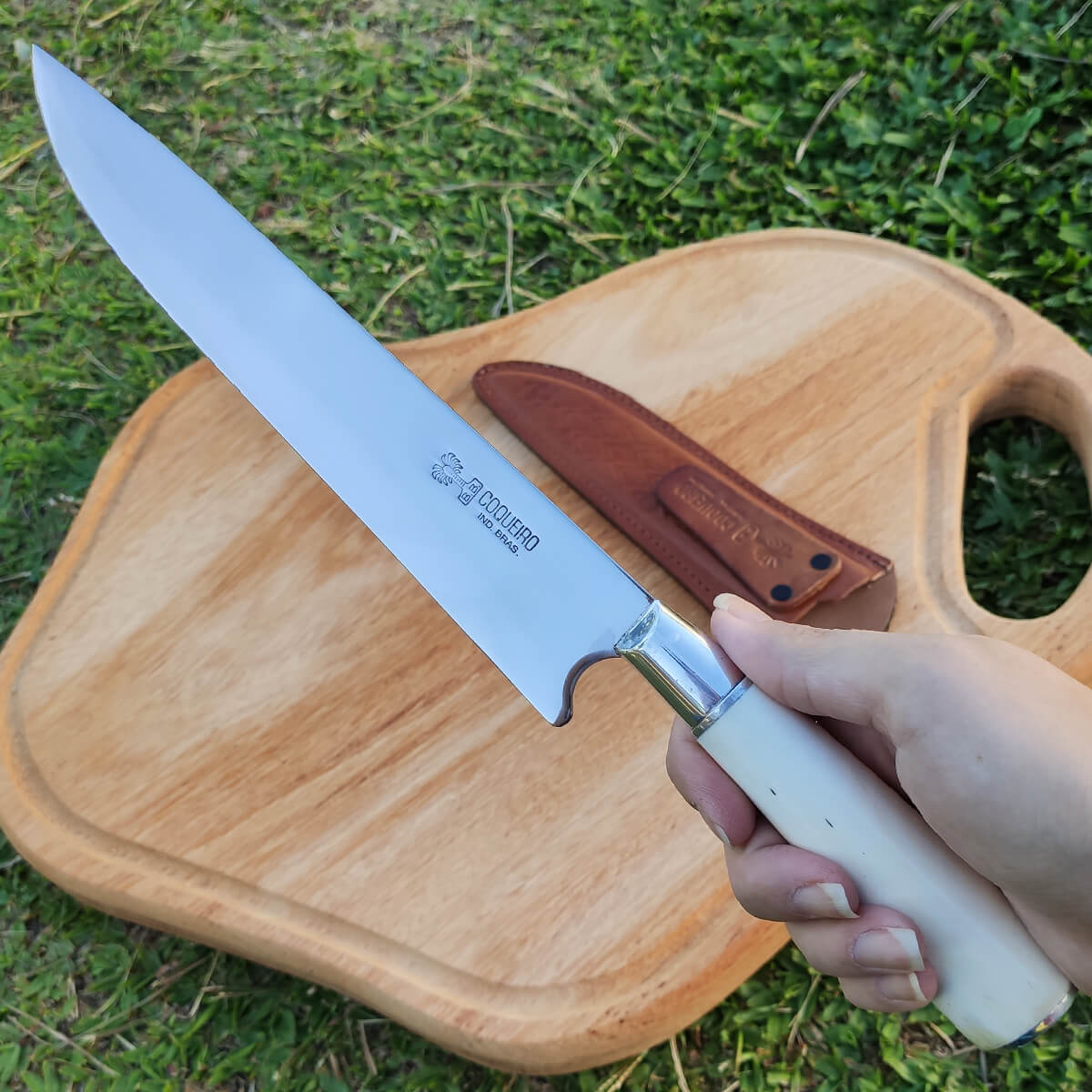 Faca Churrasco 8' Aço Inox 420 Bainha Couro Cabo Osso de Avestruz