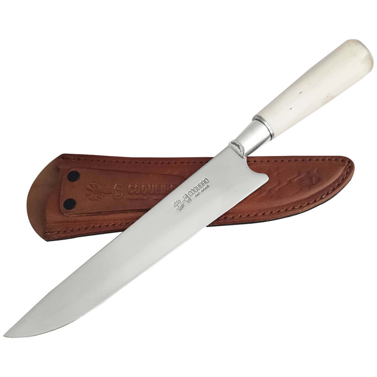 Faca Churrasco 8' Aço Inox 420 Bainha Couro Cabo Osso de Avestruz