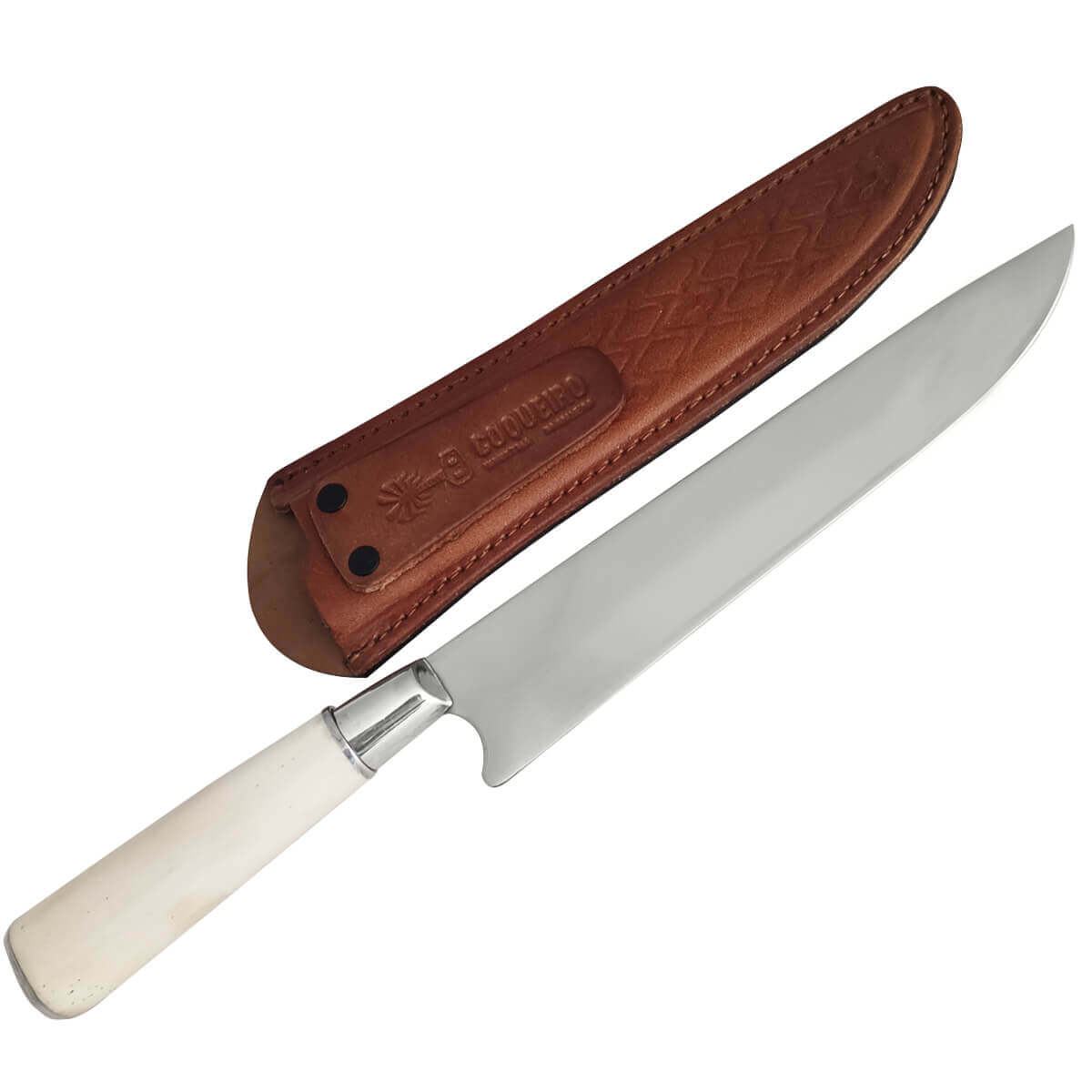 Faca Churrasco 8' Aço Inox 420 Bainha Couro Cabo Osso de Avestruz