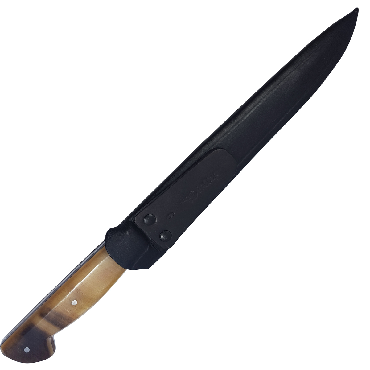 Faca Churrasco Aço Carbono 9' Cabo Chifre Chato Bainha Couro