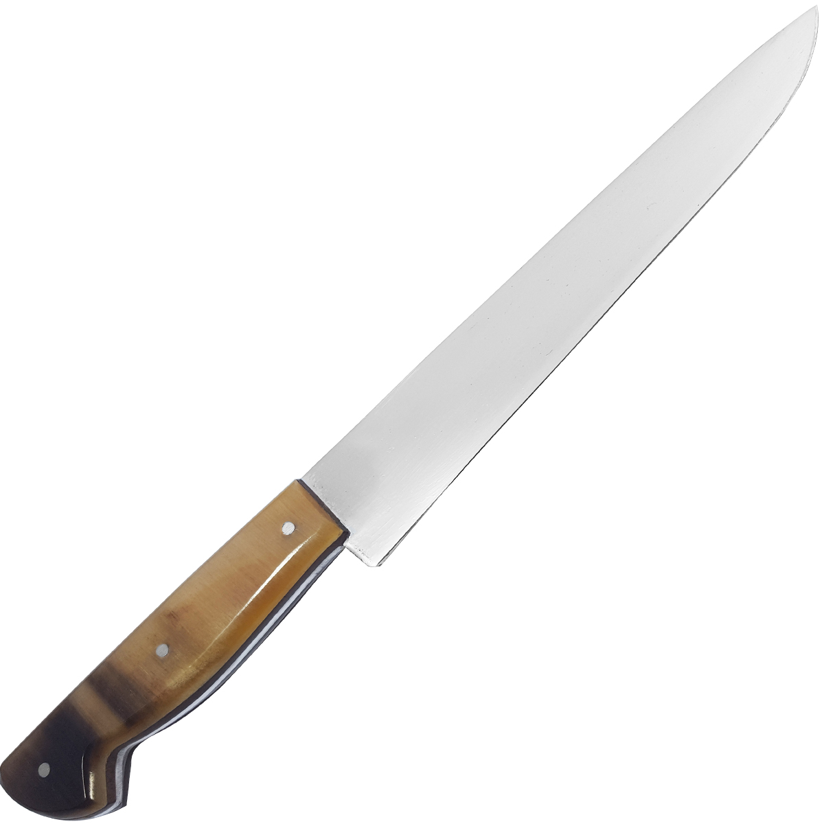 Faca Churrasco Aço Carbono 9' Cabo Chifre Chato Bainha Couro