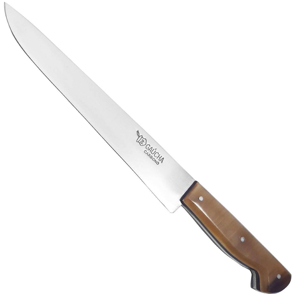 Faca Churrasco Aço Carbono 9' Cabo Chifre Chato Bainha Couro