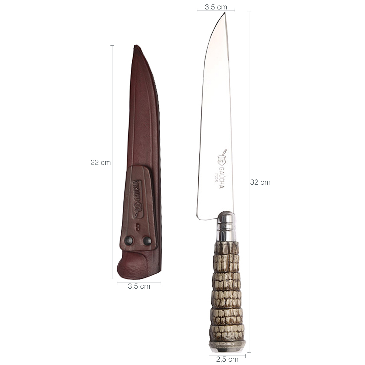 Faca Churrasco N 8 Aço Inox Cabo Rabo De Tatu Bainha Couro