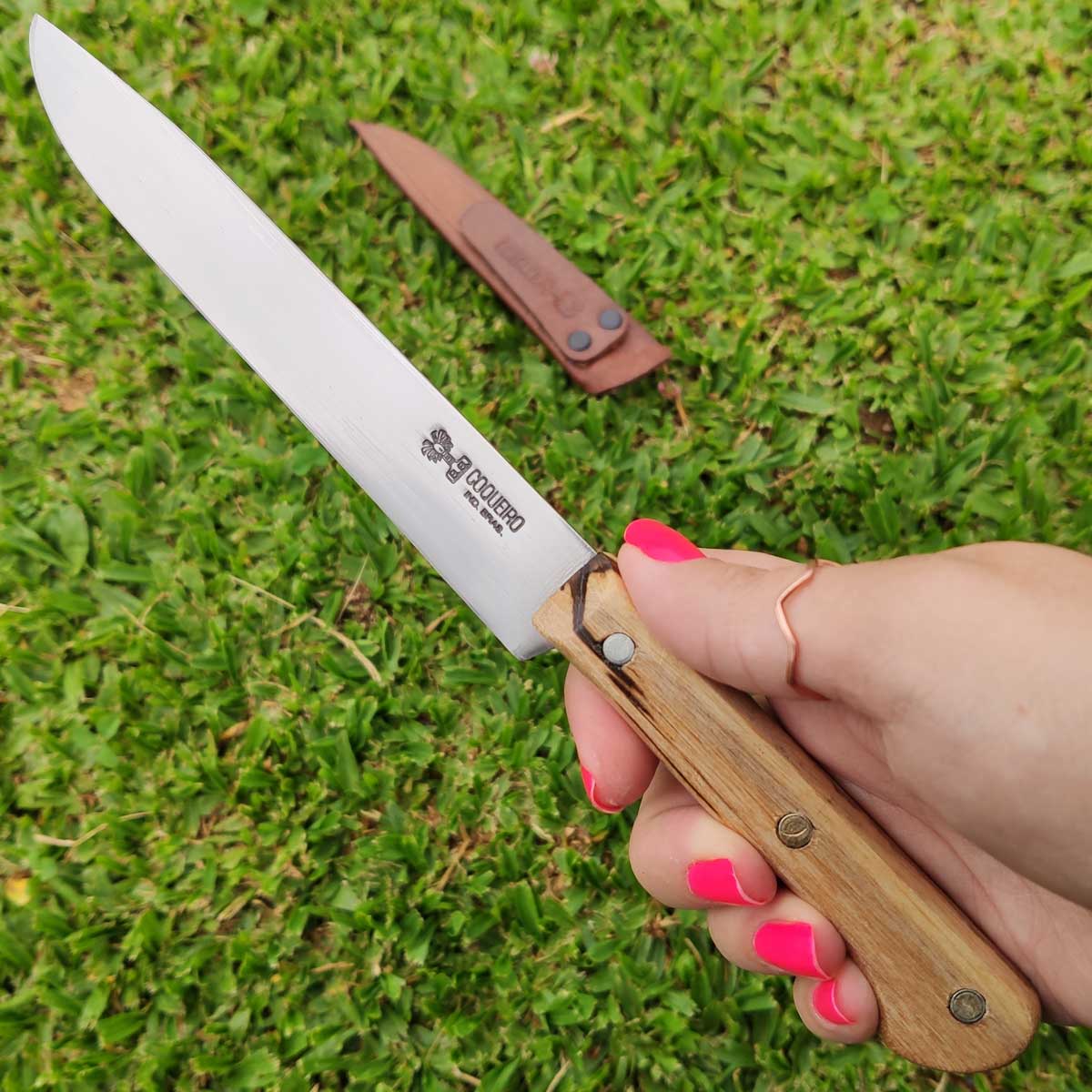 Faca Coqueiro 6' Artesanal para Carne Cozinha Frios Temperos Aço Carbono 1070 Bainha de Couro