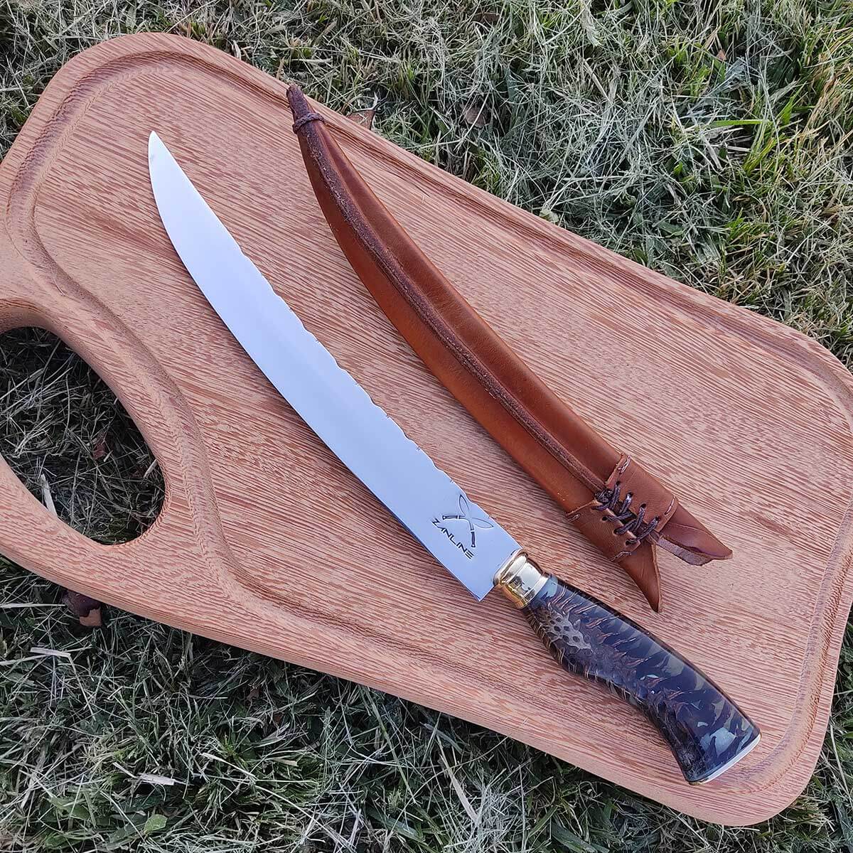 Faca Estilo Chef Nusret Gökçe Salt Bae Carne Artesanal 10' Cabo Híbrido Resina e Pinha Aço Inox 420c