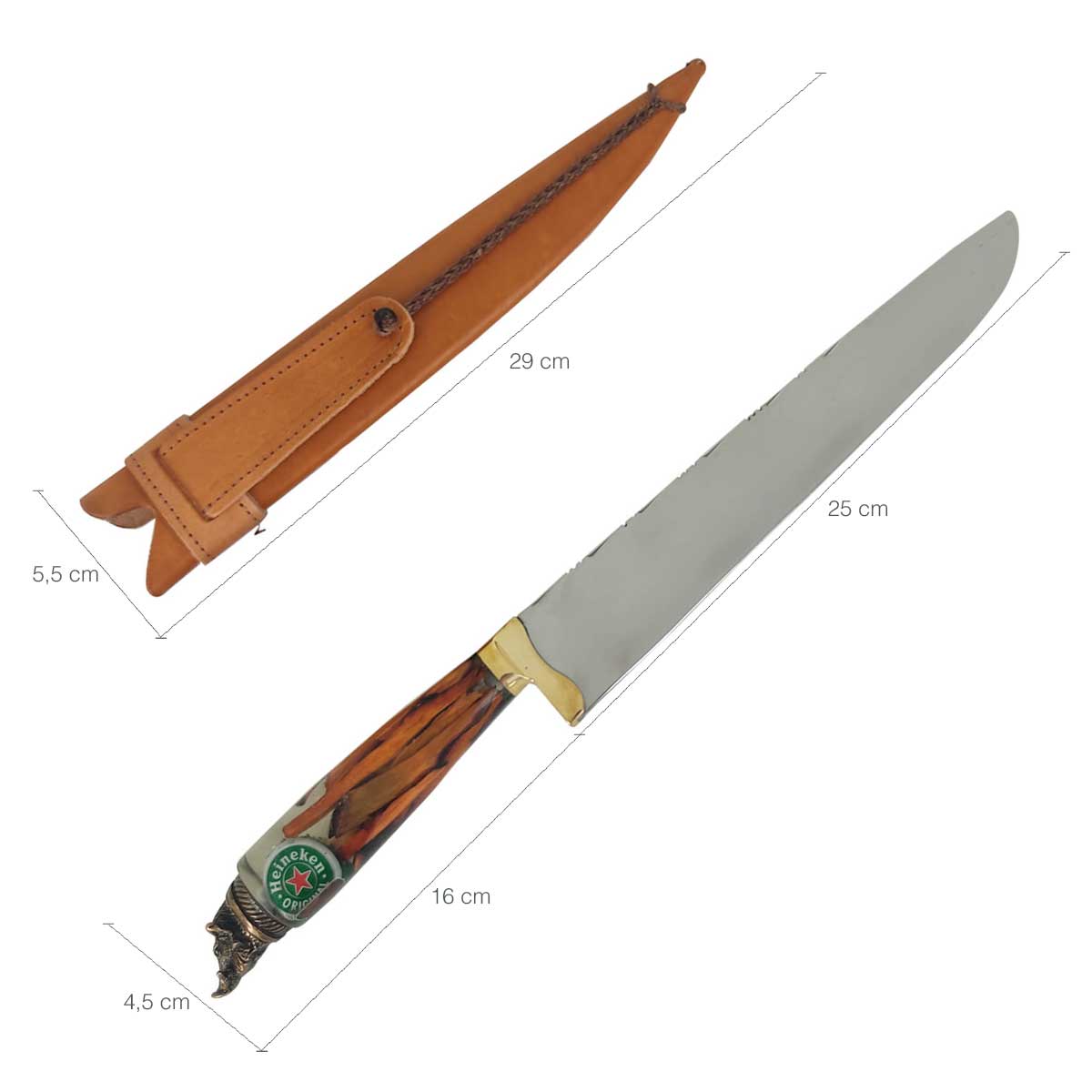 Faca Javalizeira Artesanal 10' Inox Cirúrgico 3mm Cabo Híbrido Heineken Nó de Pinho Pomo Javali