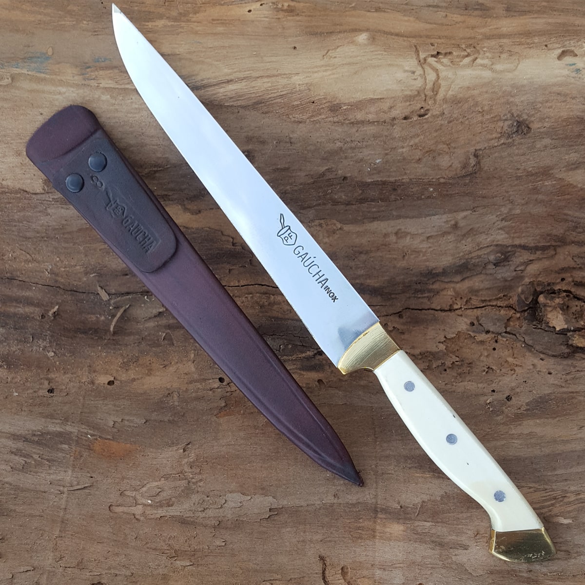 Faca Peixeira Aço Inox Cabo Osso Metal 8 Polegadas e Bainha