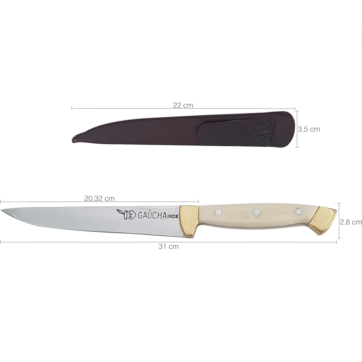 Faca Peixeira Aço Inox Cabo Osso Metal 8 Polegadas e Bainha
