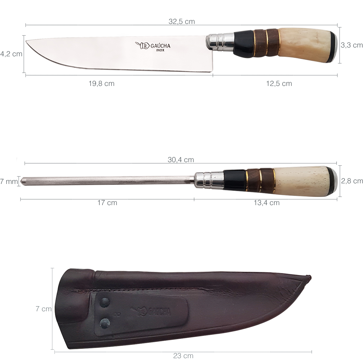 Faca e Chaira Para Churrasco Aço inox 8" Cabo de Osso Madeira