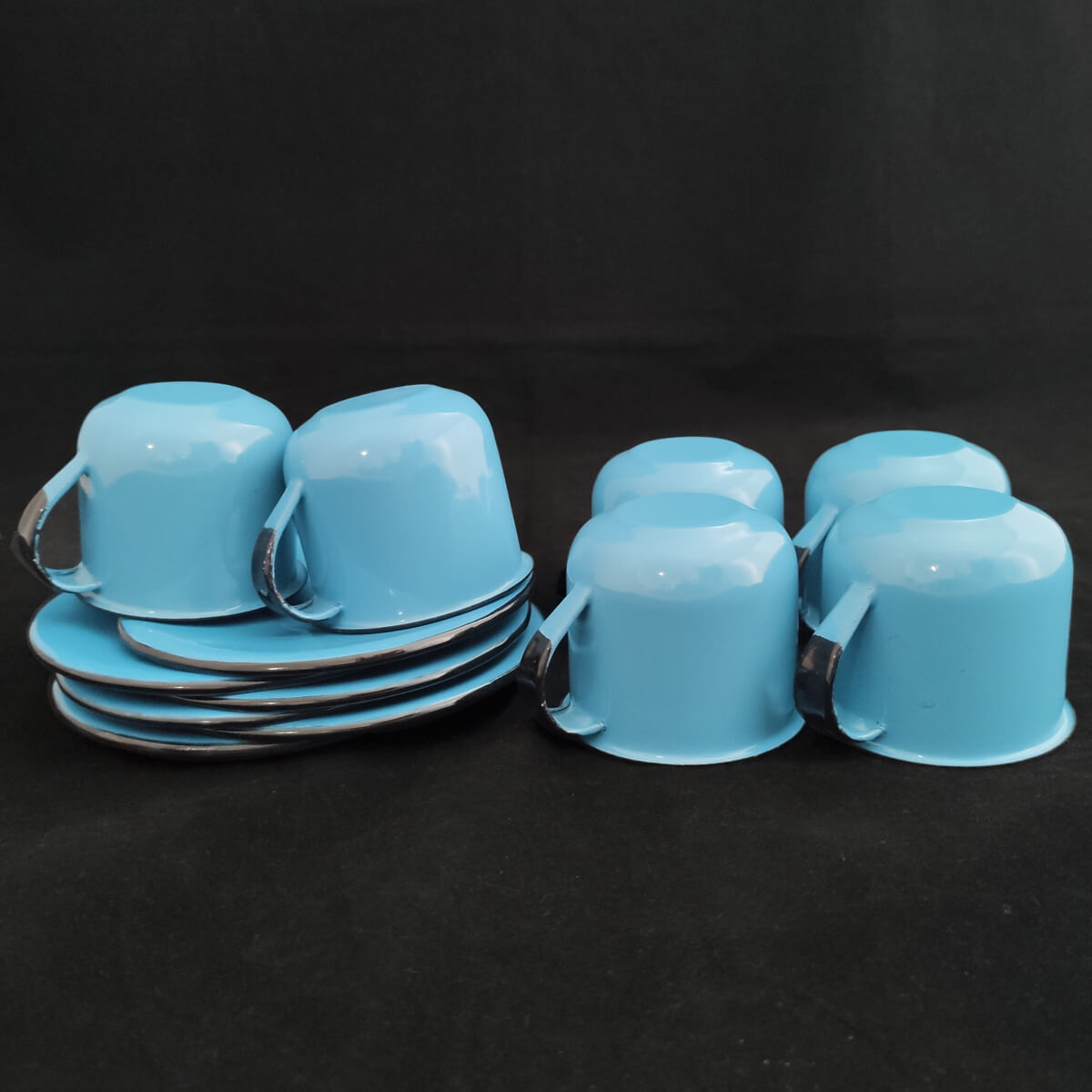 Jogo De Xícaras Com Pires 6 Canecas Esmaltada 180ml Chá Café Azul