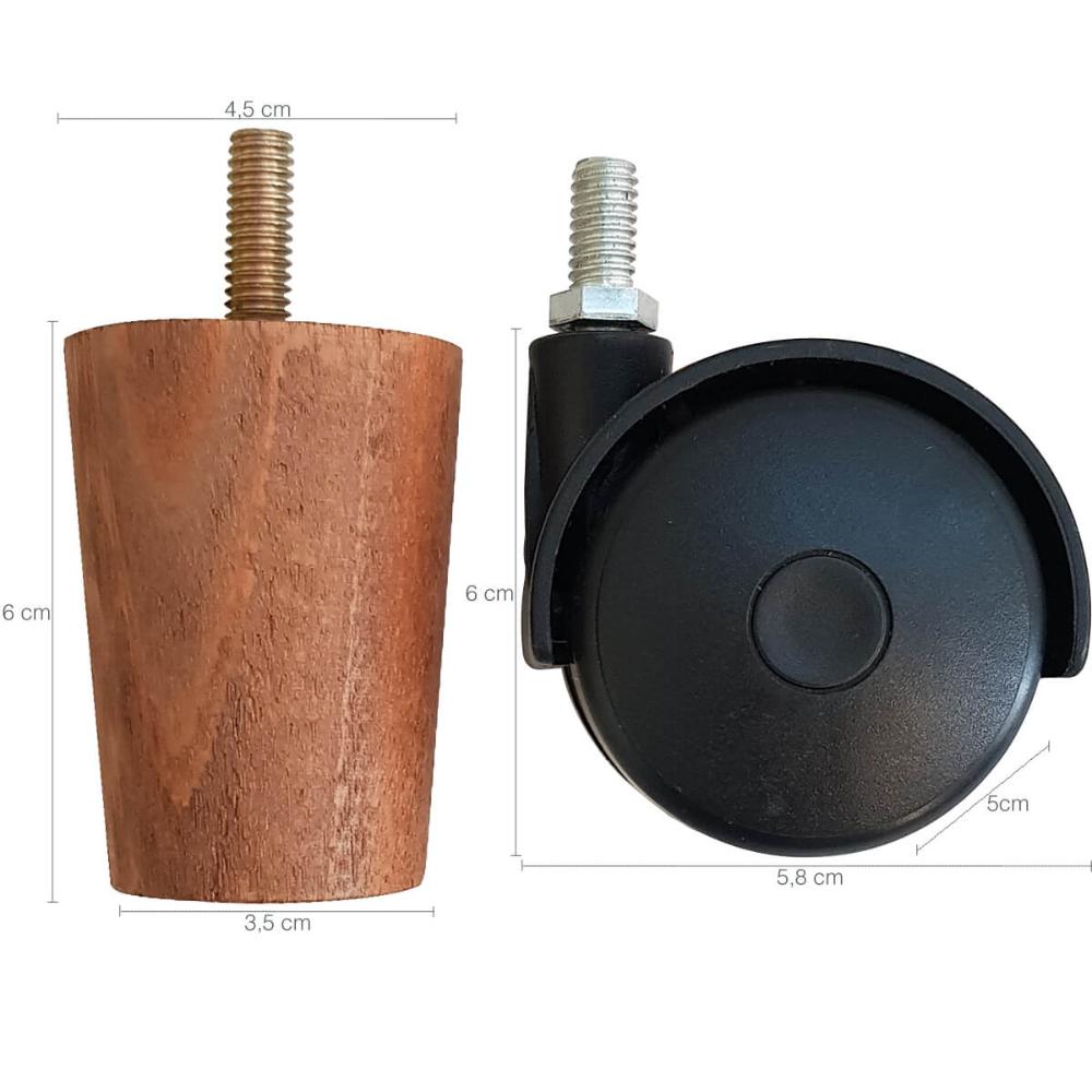 Kit 6 Pés Para Cama Box De Solteiro 4 Fixos E 2 Rodízios Mel