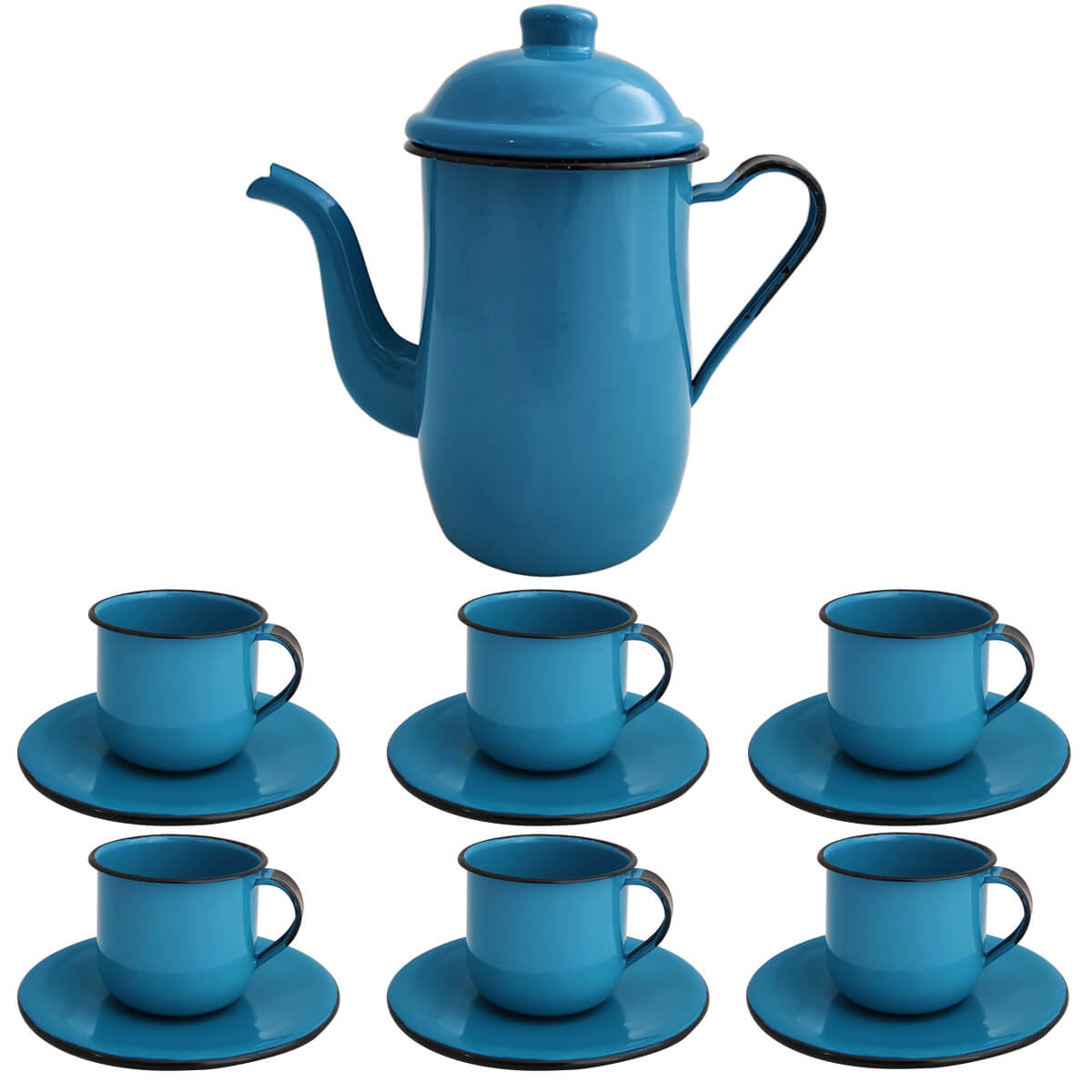 Kit Bule De Café E Chá Com 6 Xícaras e Pires Aço Esmaltado Azul