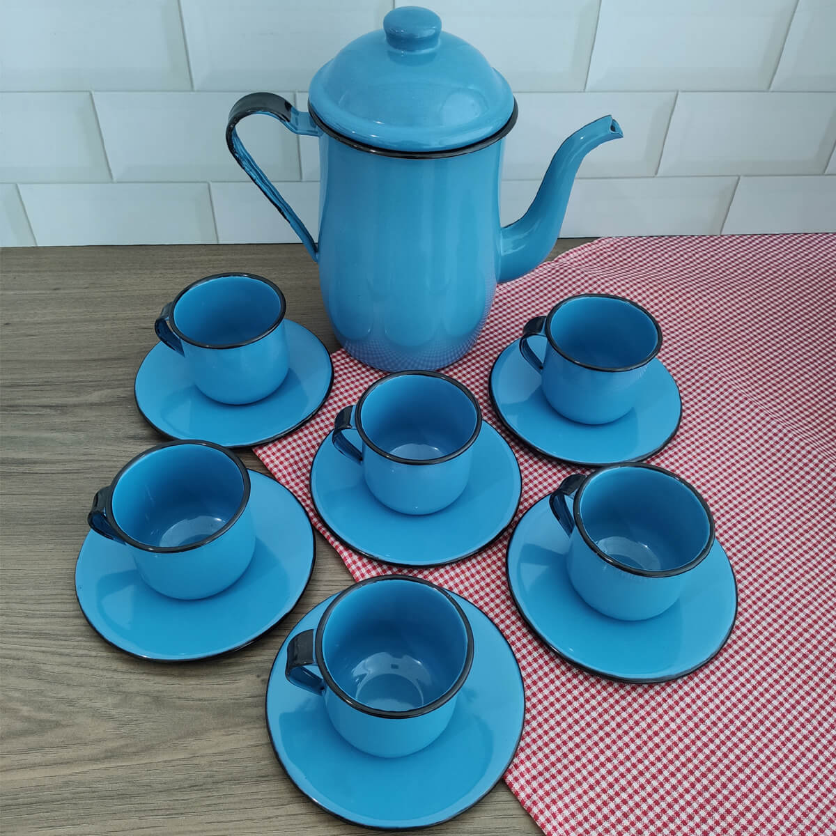 Kit Bule De Café E Chá Com 6 Xícaras e Pires Aço Esmaltado Azul