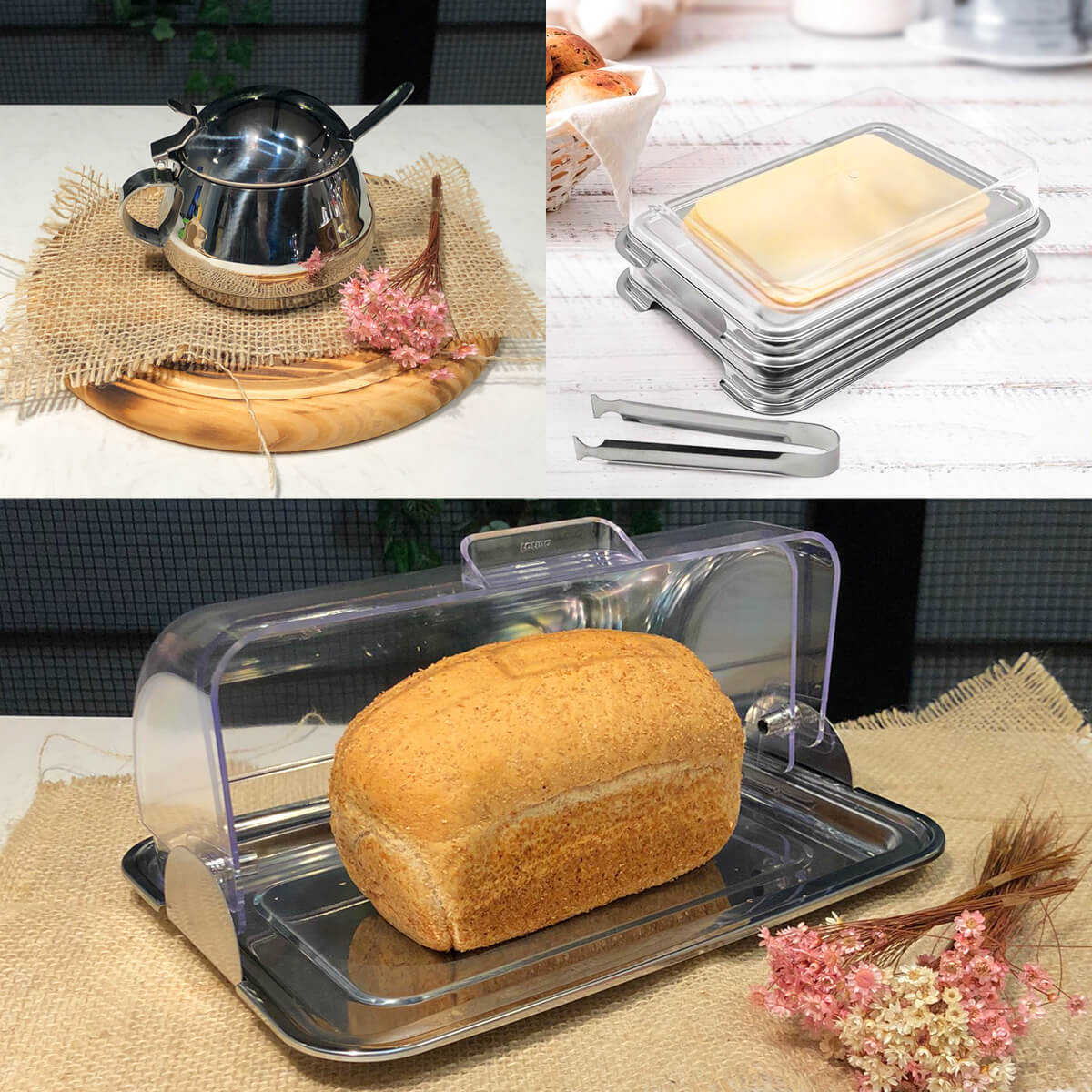 Kit Café Da Manhã Porta Frios Duplo Com Pegador Açucareiro e Porta Pão Aço Inox