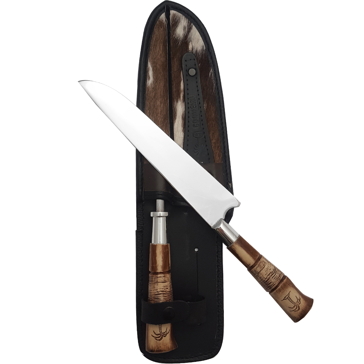 Kit Churrasco Amolador Faca 8'' Cabo Coqueiro Bainha Couro