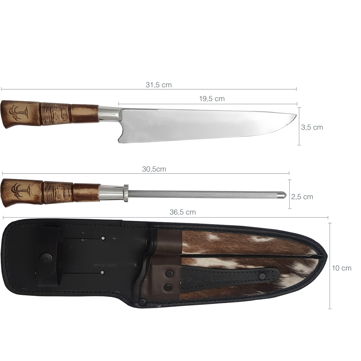 Kit Churrasco Amolador Faca 8'' Cabo Coqueiro Bainha Couro