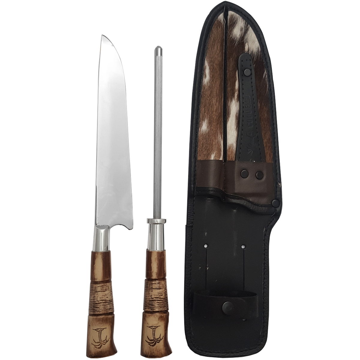 Kit Churrasco Amolador Faca 8'' Cabo Coqueiro Bainha Couro