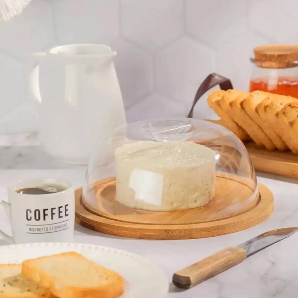 Kit Migalheira Queijeira Boleira para Mesa Posta de Café Bambu Acrílico Madeira com Tampa