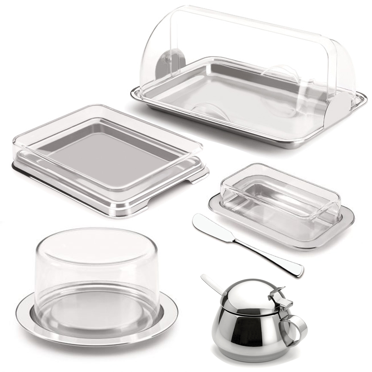 Kit Para Café em Aço Inox Queijeira Porta Pão Manteigueira Espátula Açucareiro Porta Frios